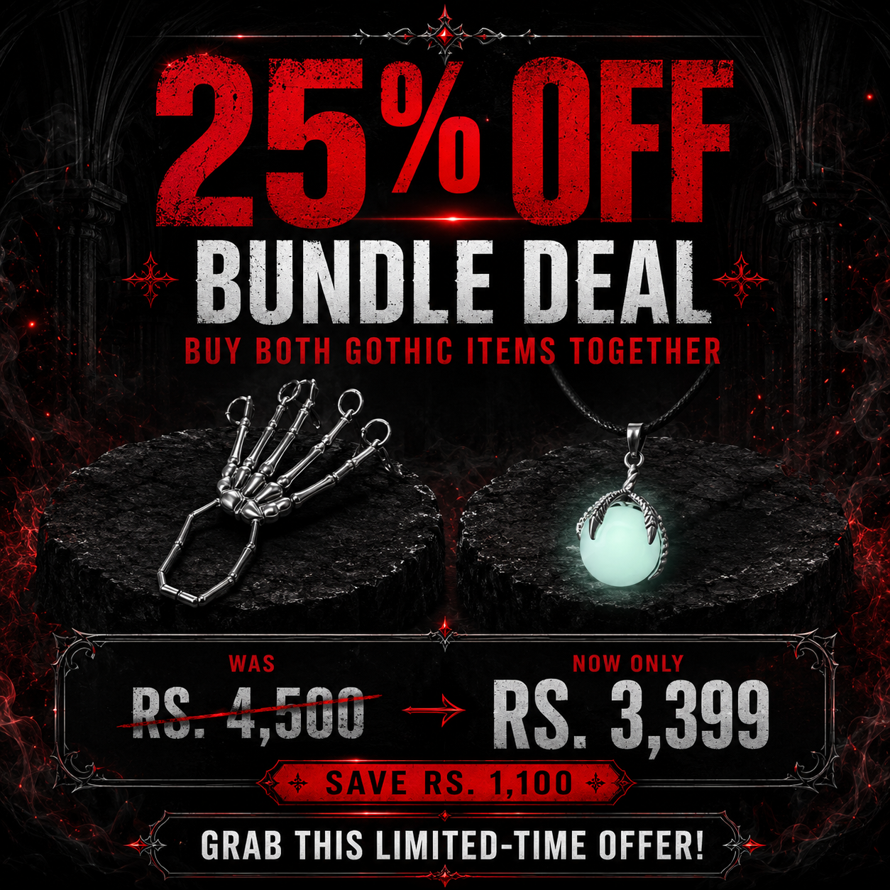Skeleton Hand Ring & Moonstone Pendant Necklace Bundle – 25% OFF