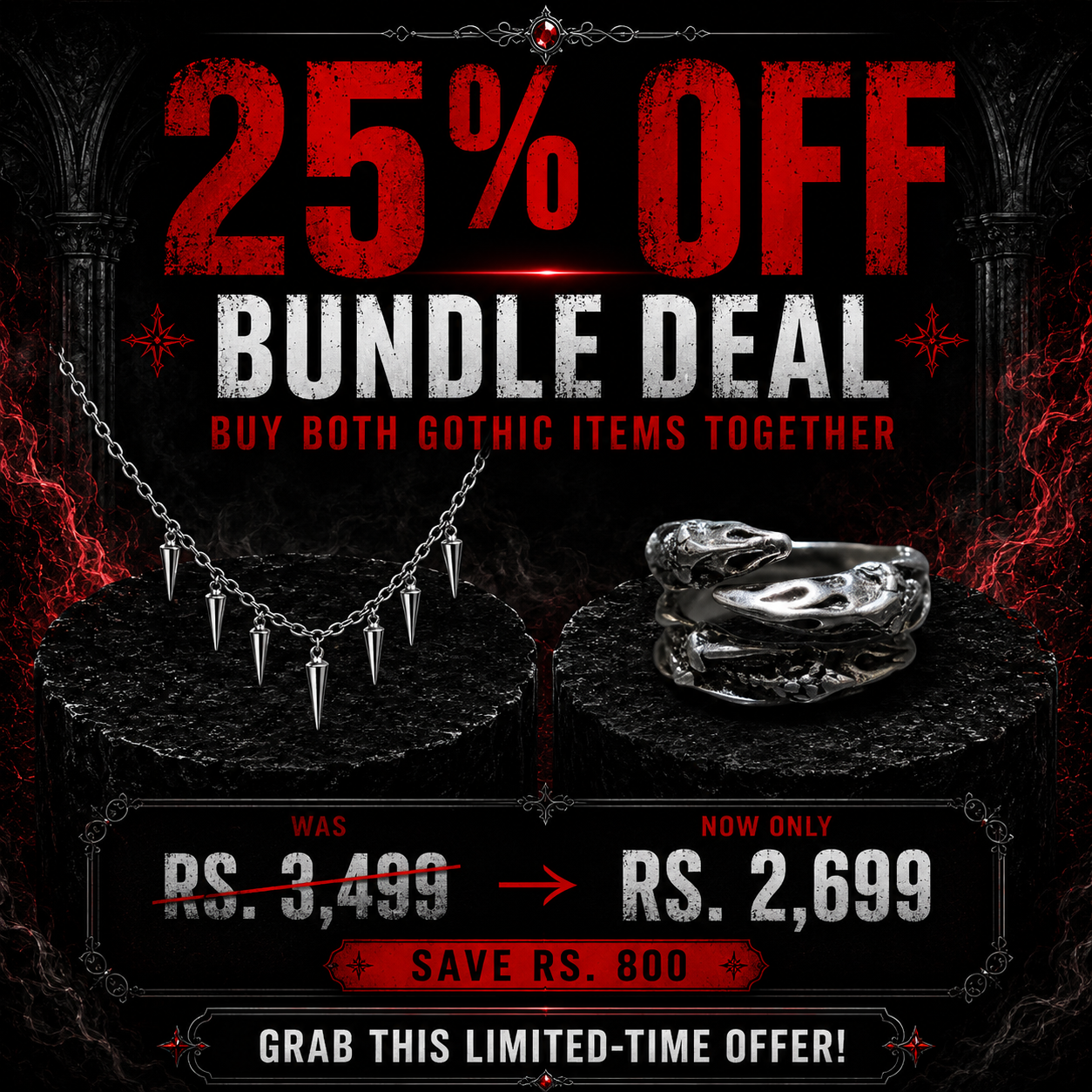 Spike Chain Necklace & Skull Ring Bundle – 25% OFF