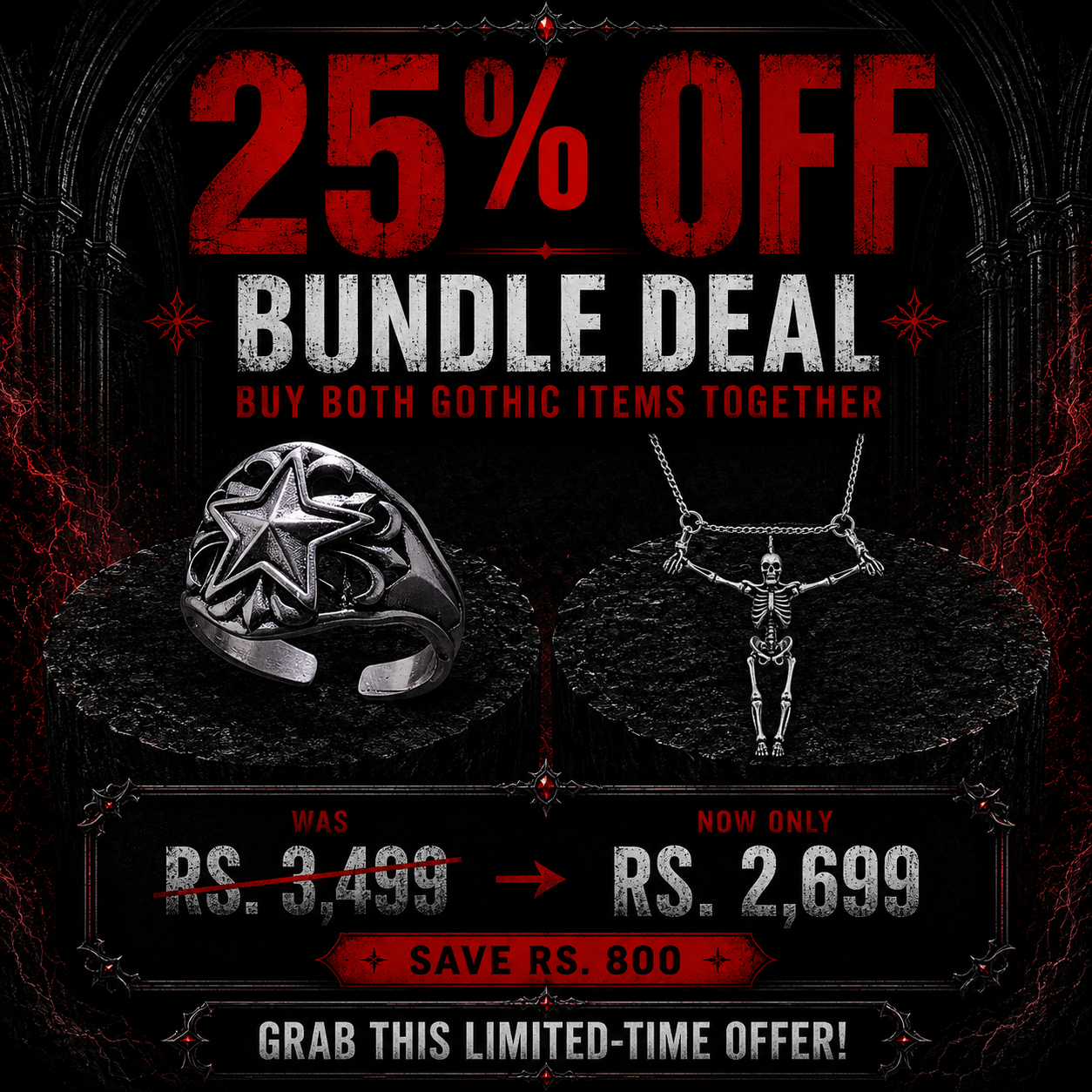 Gothic Ring & Skeleton Necklace Bundle – 25% OFF