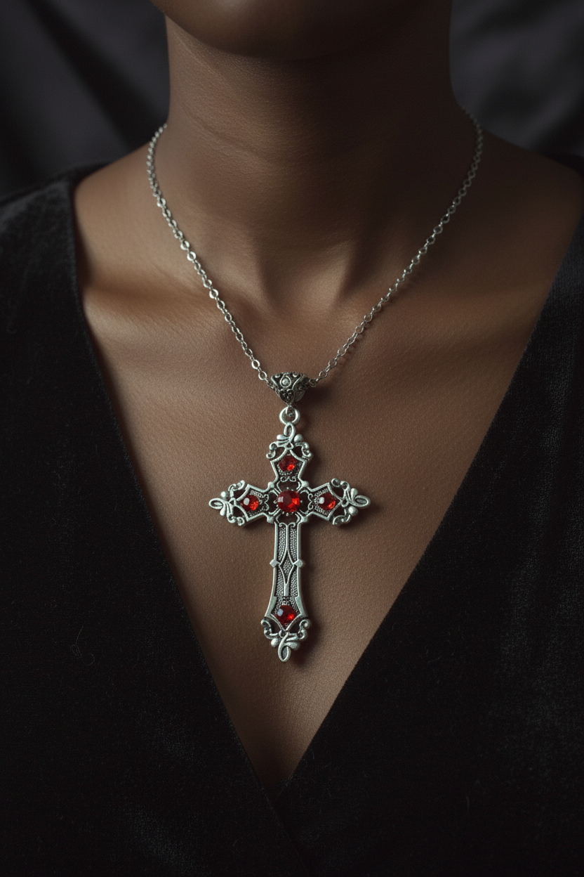 Crimson Gothic Cross Necklace